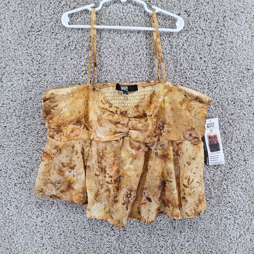 Madden NYC Cami Top Womens L Yellow Floral Babydoll Smocked Back Cottagecore